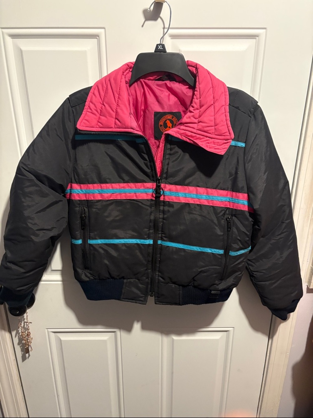 Women's Black Ski Jacket with Pink Lining and Blue Stripe Accents